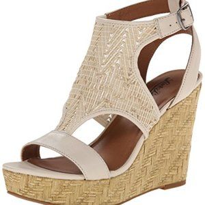 Lucky Brand Laffertie Cream Brown Cork Woven Platform Wedges Sandals Size 9.5